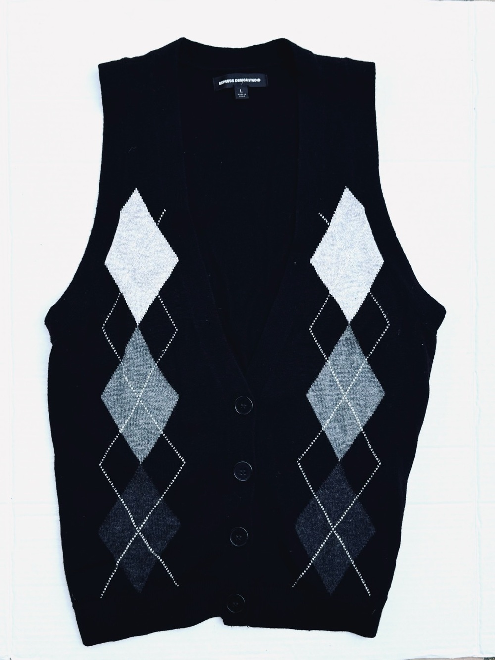 Express Design Studio Argyle Button-Front Sweater Vest - Black and Gray